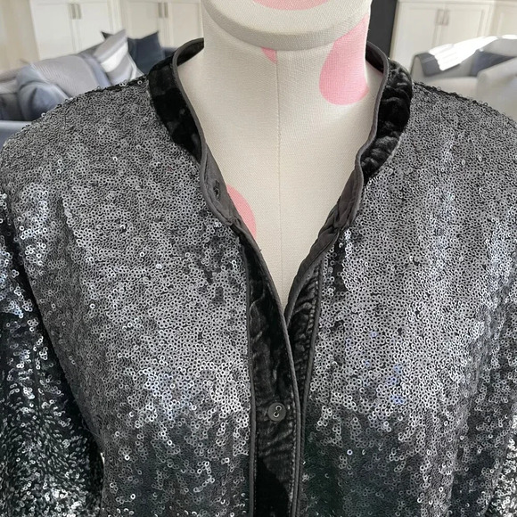 Johnny Was Bohemian Button Down Sequined Jacket Velvet Trim Blk Grey Silv Sz XL - Picture 6 of 14